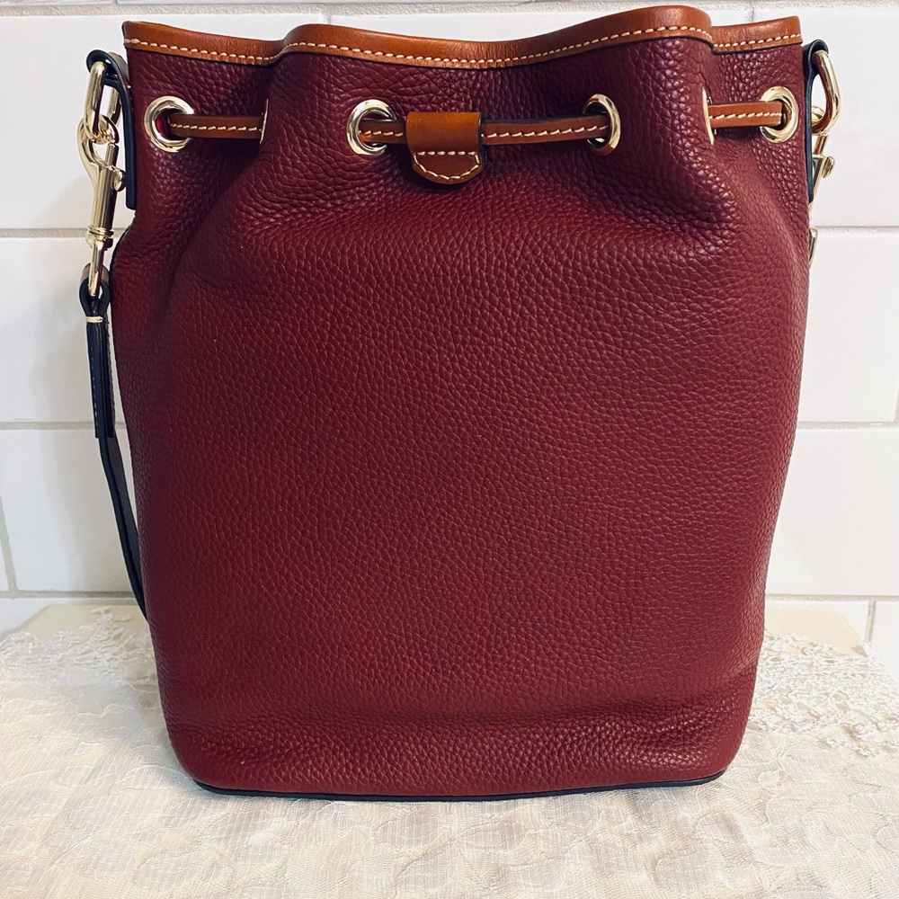 Dooney & Bourke Burgundy Pebbled Leather Drawstring Shoulder Bag with Tan Trim - Picture 4 of 16